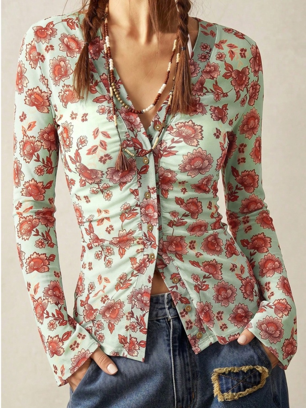 Boho Floral Print Button Down Slim fit Semi Sheer Long Sleeve Top - Picture 4 of 5